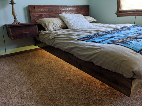 Custom Rustic Floating Queen Size Bed with Nightstand